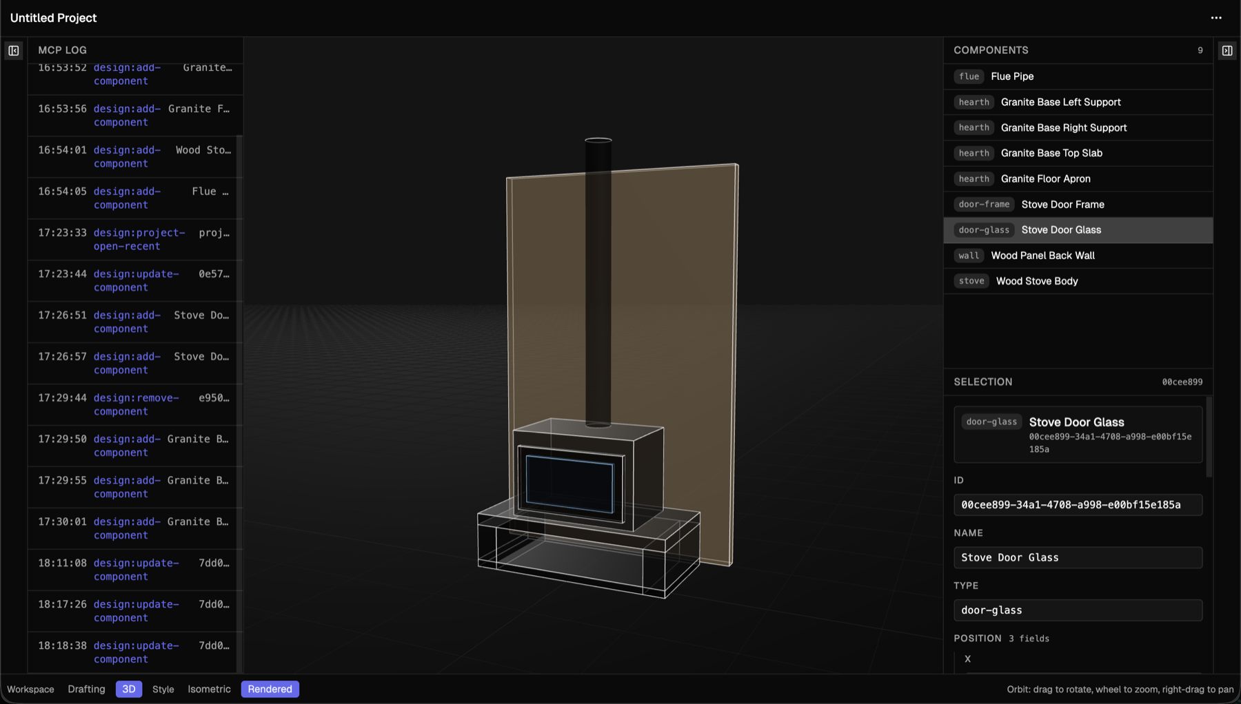 Atriana app showing the wood-burning stove design in 3D rendered view, with the MCP log on the left and a components panel on the right
